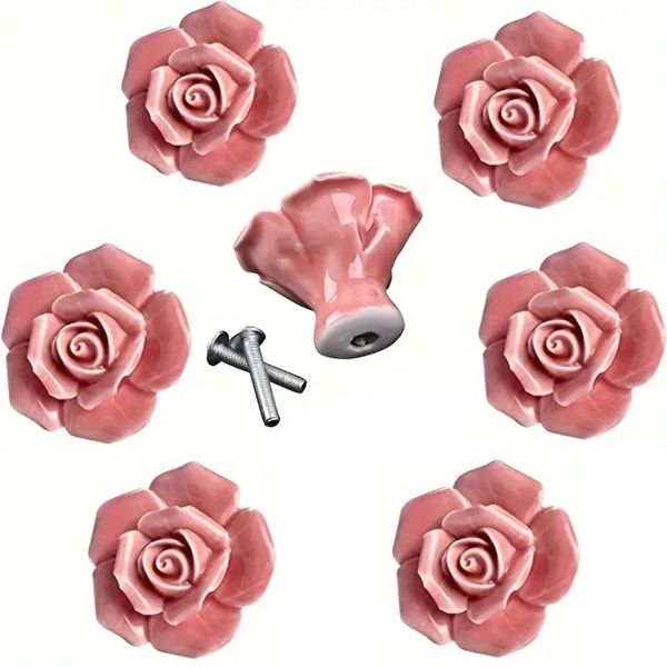 8 Piece Elegant Pink Rose Ceramic Cabinet Knobs with Drawer Pulls &amp; Screws