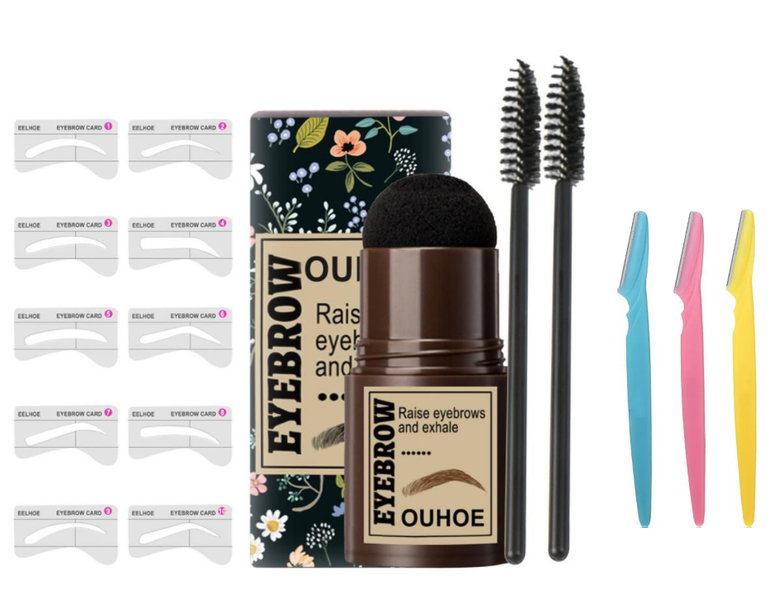 One Step Eyebrow Makeup Stamp, Brow Brush, Stencil &amp; 3 Eyebrow Razor