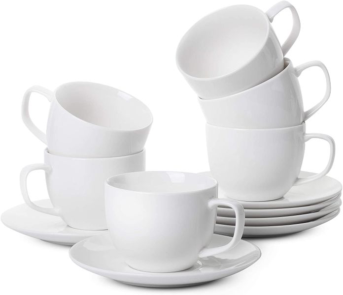 White Porcelain Tea Cups and Saucers, Set of 6 (7 oz)