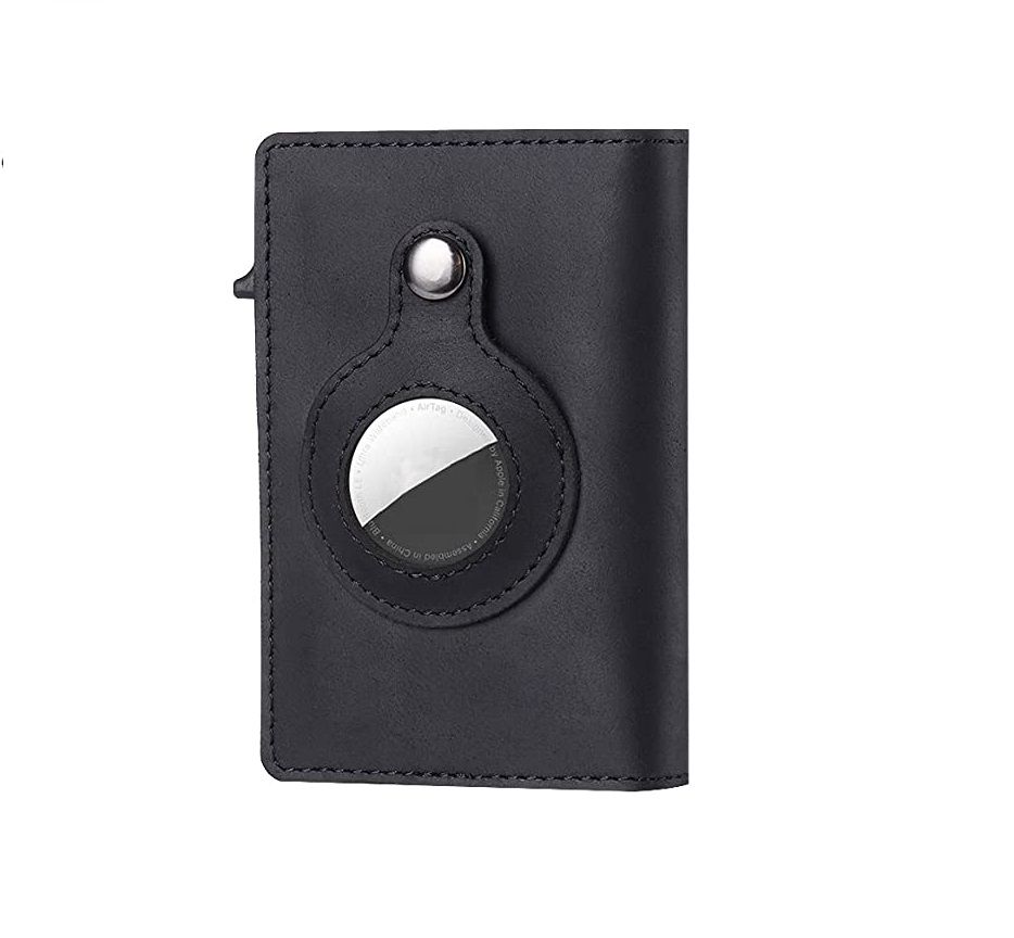 Genuine Leather RFID Blocking AirTag Pop Up Wallet - Black