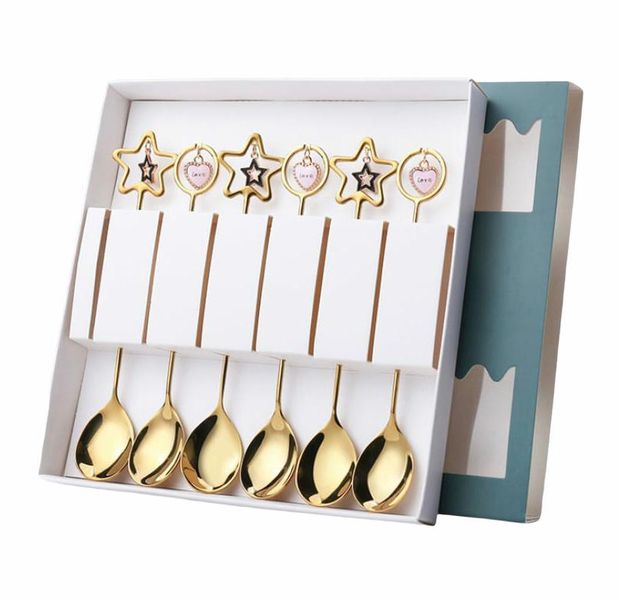 6 Piece Gold Pendant Spoon Gift Set-Hearts &amp; Stars Design