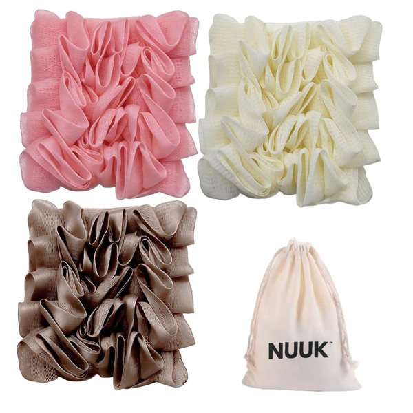 3-Pack Loofah Exfoliating Set with Soap Saver Pouch &amp; Drawstring Bag