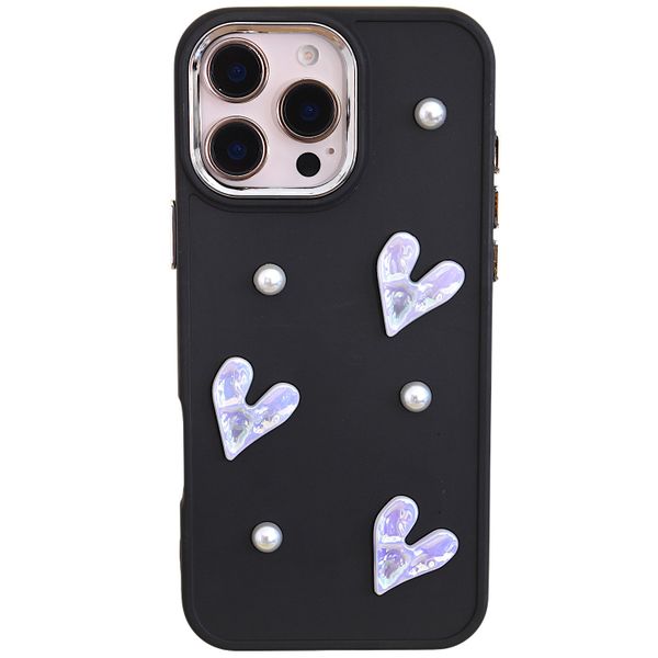Black Case with Pearl &amp; Iridescent Heart Accents - Compatible with iPhone
