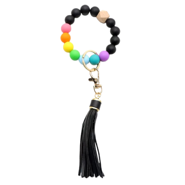 Silicone Keychain Bracelet Beaded Wristlet Tassel Bangle Key Ring Accessory