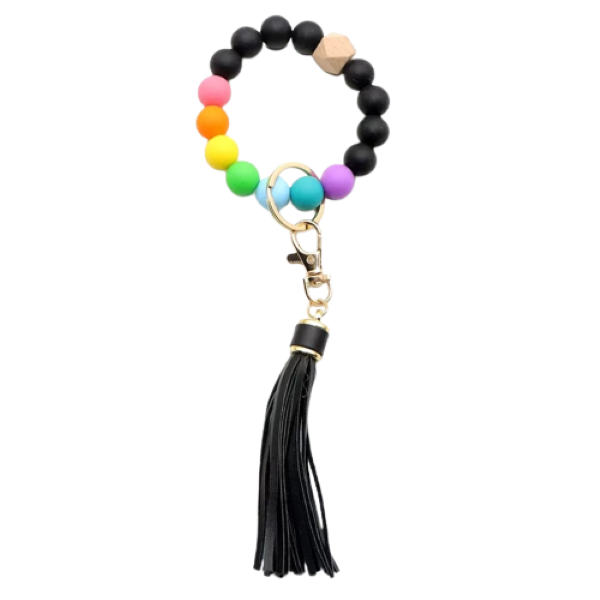 Silicone Keychain Bracelet Beaded Wristlet Tassel Bangle Key Ring