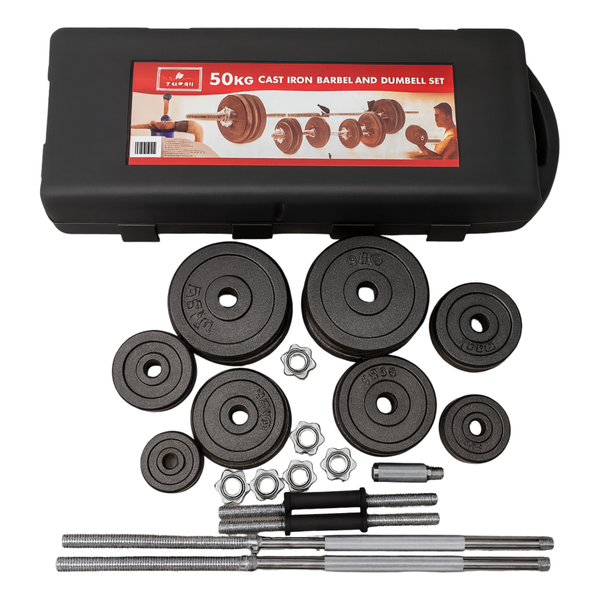 50kg Cast Iron Barbell &amp; Dumbbell Set - Home Gym