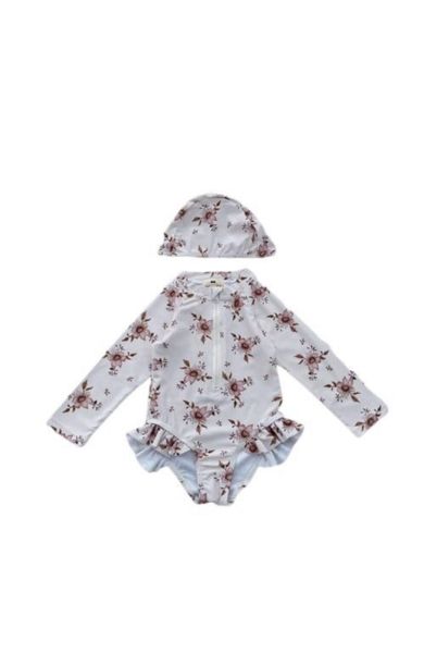 Girls White Flower Swimming Costume