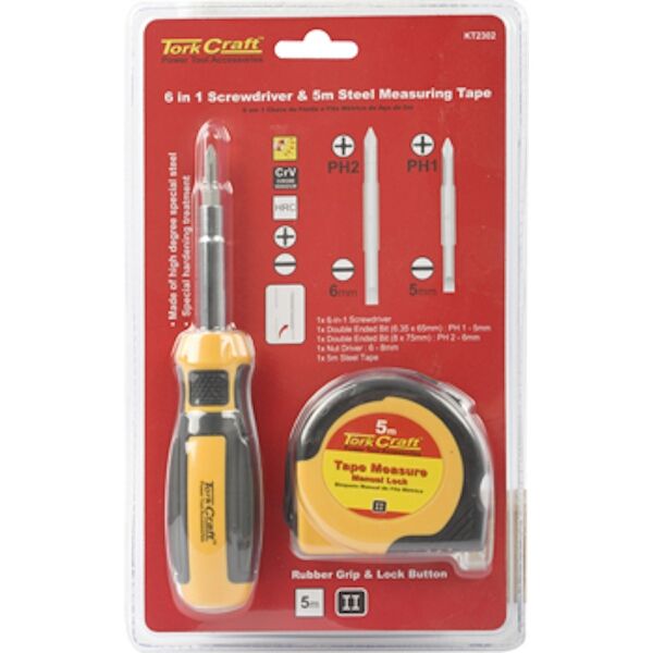 Tork Craft - 6 In 1 Screwdriver &amp; 5Mt Steel Measuring Tape