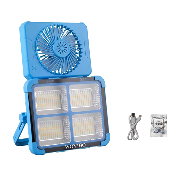 WOVIBO Solar Camping Light with Fan Rechargeable 4 Light Modes 4 Speed Wind