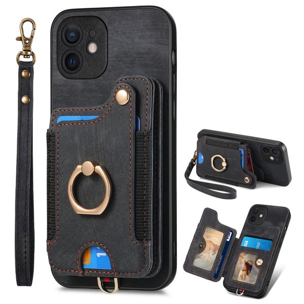 Finger Ring Case Compatible With iPhone 12 Leather Lanyard Cover