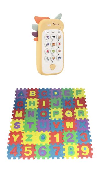 Learning Language Phone with 36 Piece Letters and Numbers Puzzle Mat