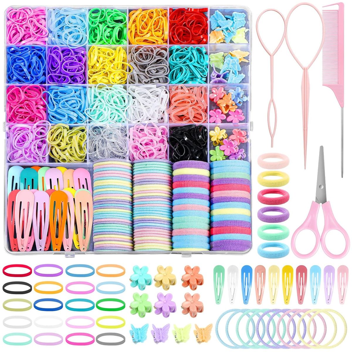 1543 Piece Elastic Hair Ties Accessories for Girls,Bands, Clip, Organizer Box