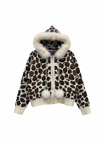 New Fashion Faux Fur Trimmed Leopard Hooded Cardigan