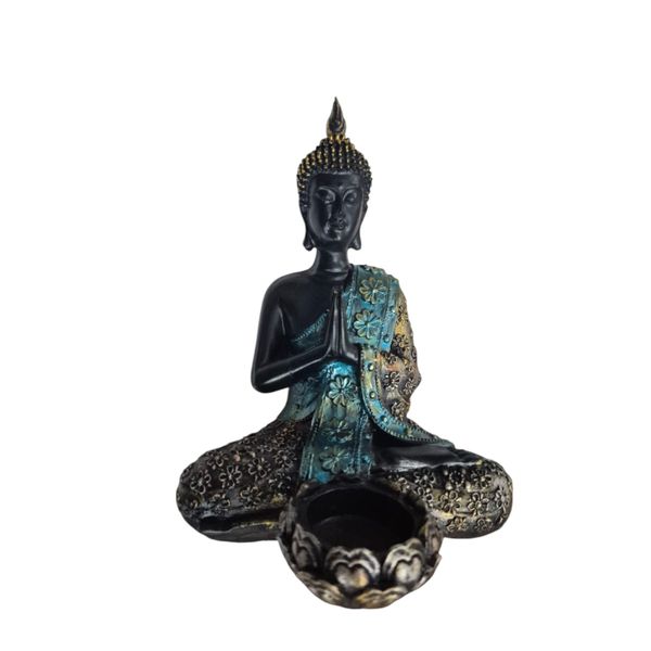 Serene 22cm Buddha Statue with Blue Accents &amp; Tealight Candle Holder