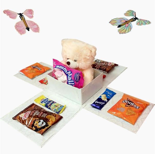 Elegant Reveal | Butterfly, Snack &amp; Large Teddy Explosion Box |Gift Hamper