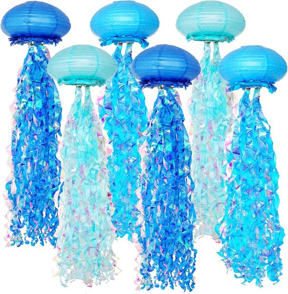 6 Piece 10" Blue Jellyfish Paper Lanterns, Ocean Theme Party Decorations