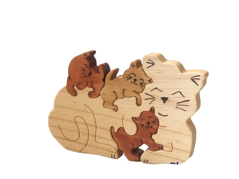 Handmade 3D Wooden Puzzle of a Cat with Kittens