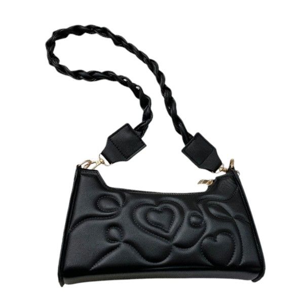 Quilted Heart Design PU Leather Shoulder Bag - Black