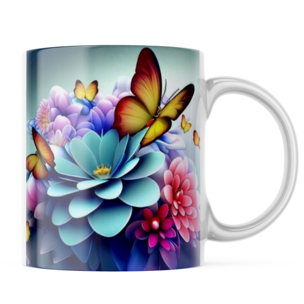Ceramic 3D Butterflies and Flowers Mug - White - 11 OZ