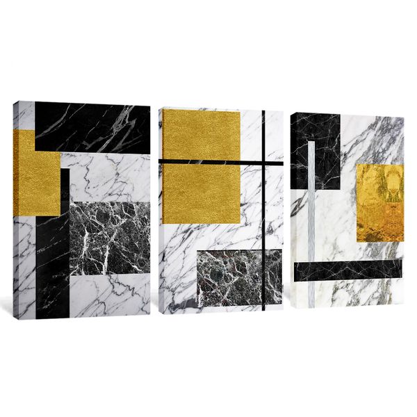 Canvas Art - Abstract 3 Piece Gold Black Nordic Canvas Wall Art Decor