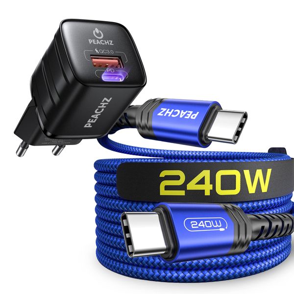 Peachz - 240W USB C to USB C Cable &amp; 30W USB+ Type C Wall Charger 2-Port