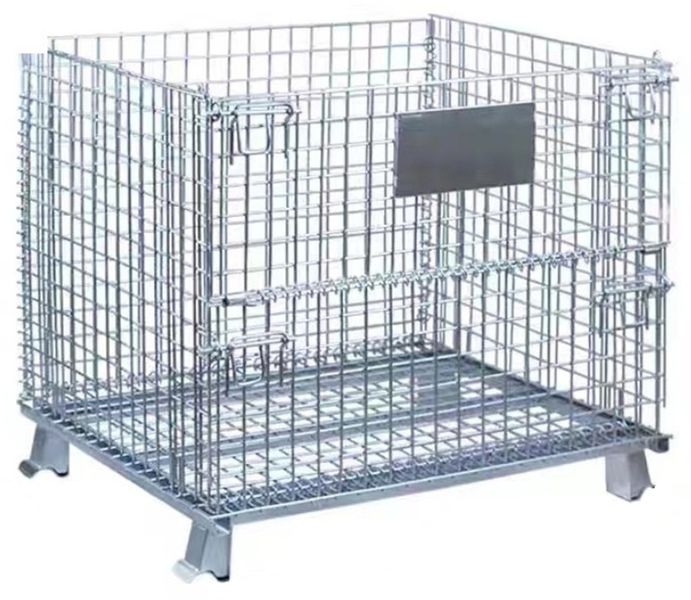 Warehouse with a metal grid, stacking, and folding iron frame storage cage