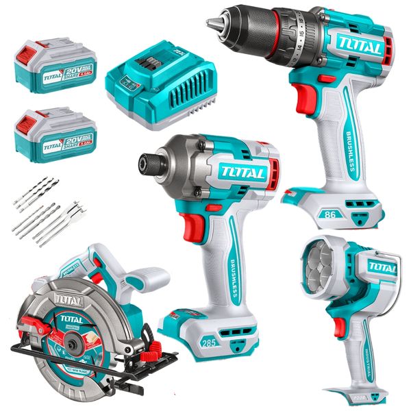 Total Tools Cordless Impact Drill, Driver, C Saw &amp; Work Lamp with Acc Kit