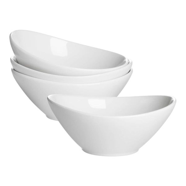 Oval Shape Ceramic Salad Bowl - Soup Cereal Serving Bowl - Set of 4 - White