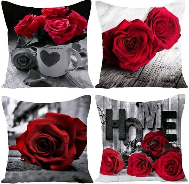 4 Set Retro Red Rose Luxury Cushion Covers (45cm by 45cm)
