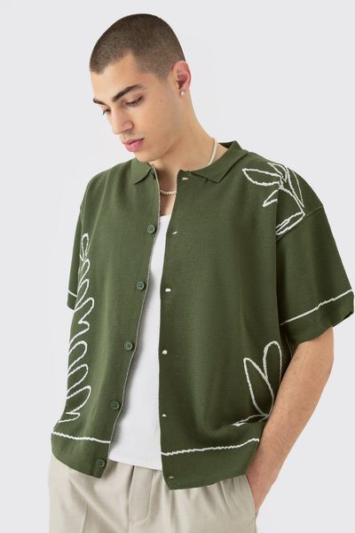 boohooMAN - Men's Boxy Jacquard Knit Abstract Detail Shirt - Olive