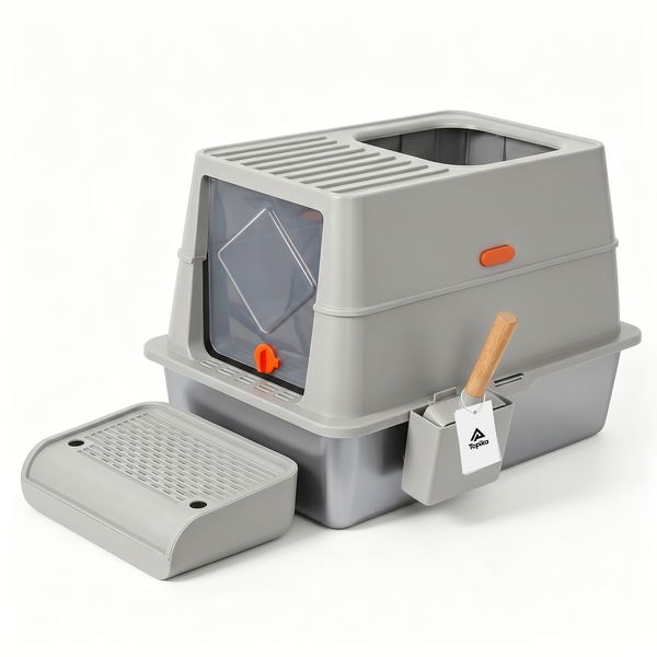 Topika Litter Box Stainless Steel Enclosed Cat Litter Box with Step, Grey