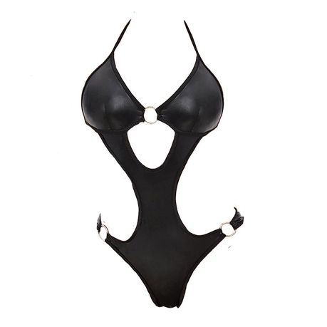 One Piece Thong Swimsuit in Wet Look Black