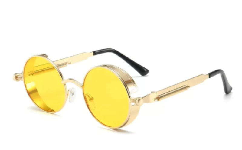 Men/Women Retro Round Metal Gold Frame Sunglasses- Yellow