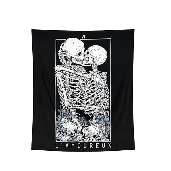 Skull Kissing Lover Black And White Tarot Skeleton Flower Tapestry L