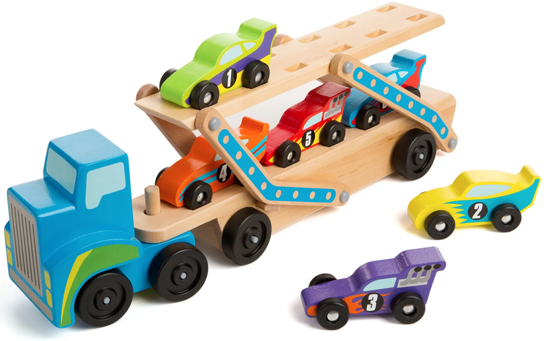 Melissa &amp; Doug Mega Race Car Carrier With 6 Numbered Race Cars