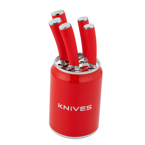 5-Piece Red Stainless Steel Knife Set with Matching Holder
