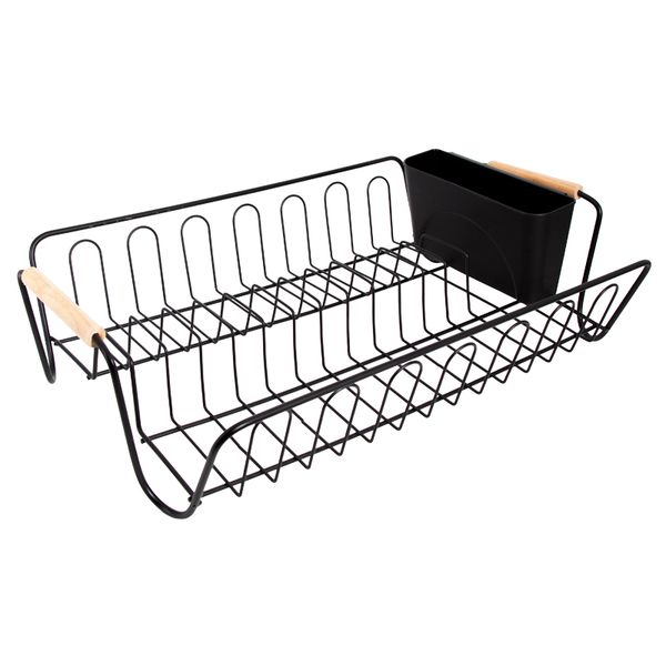 Regent Kitchen Wire Dish Rack Black with Wooden Handles, 512x335mm