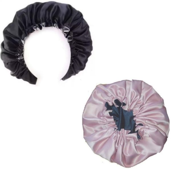Lilhe Pack of Reversible Satin Bonnets Pink with Navvy and Black with Grey