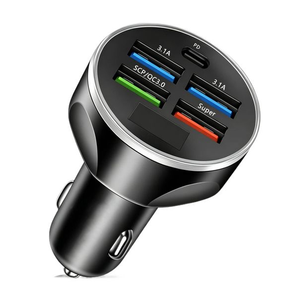Black 5-in-1 Super Fast Car Charger with Voltage Display