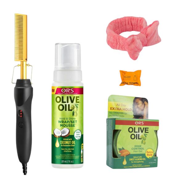 Hair Straightener, Olive Oil Mousse, Edge Control, Headband &amp; Travel Towel