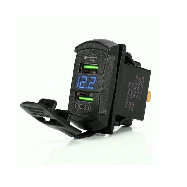 Dual USB Car Charger with Voltmeter QC3 - Blue LED