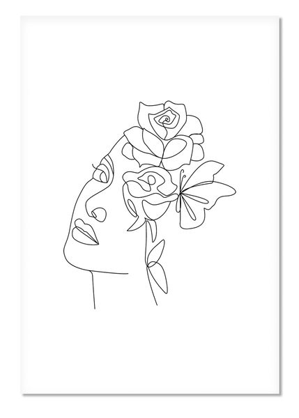 Wall Art: Line Art - Abstract Face with Flowers