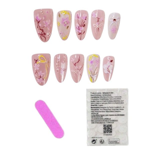 10 Piece - Cherry Blossom Cat Design Almond Press-On Nails