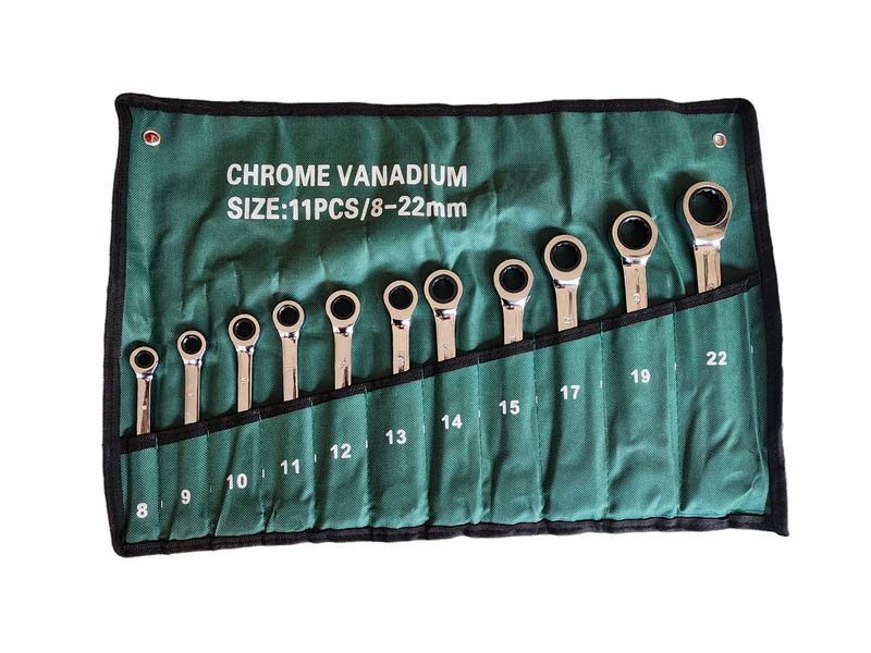 11-piece Chrome Vanadium Ratchet spanner set, sizes 8mm to 22mm