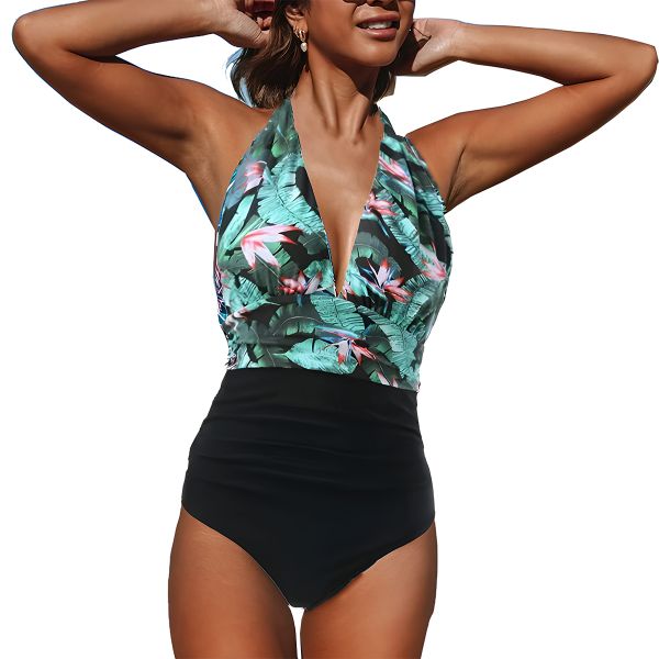 Woman One-Piece Swimsuit Bikini Set V-Neck Halter Tummy Control Beach Cloth