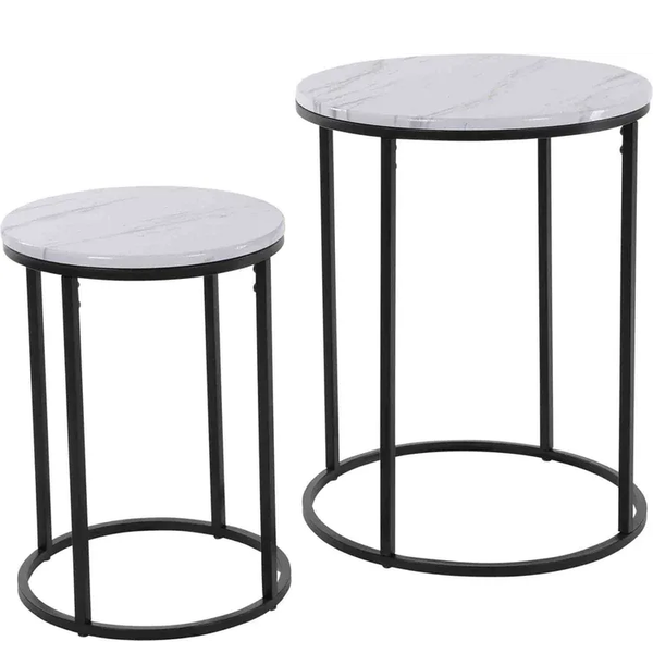 Side Table - Set of 2-Pieces - White Marble Look - 40 x 50.5cm and 30 x 40cm