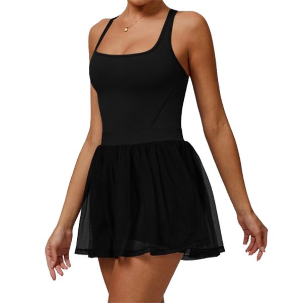 Faux Two-Piece Dress with Mesh Overlay Tennis Skirt with Anti-Exposure Mesh