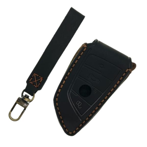 Hallmo Genuine Leather Car Key Cover for BMW 3/4 Button Smart Key Fob