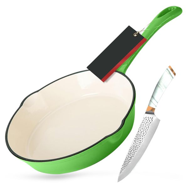 25cm - Enameled Cast Iron Fry Pan Including Carving Knife - 2 Pieces Set