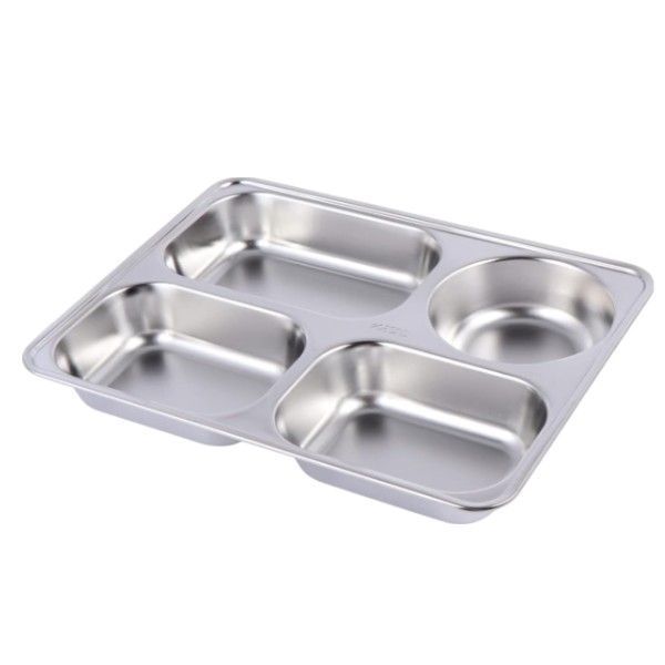 Stainless Steel Rectangular 4-Compartment Food Tray - Silver